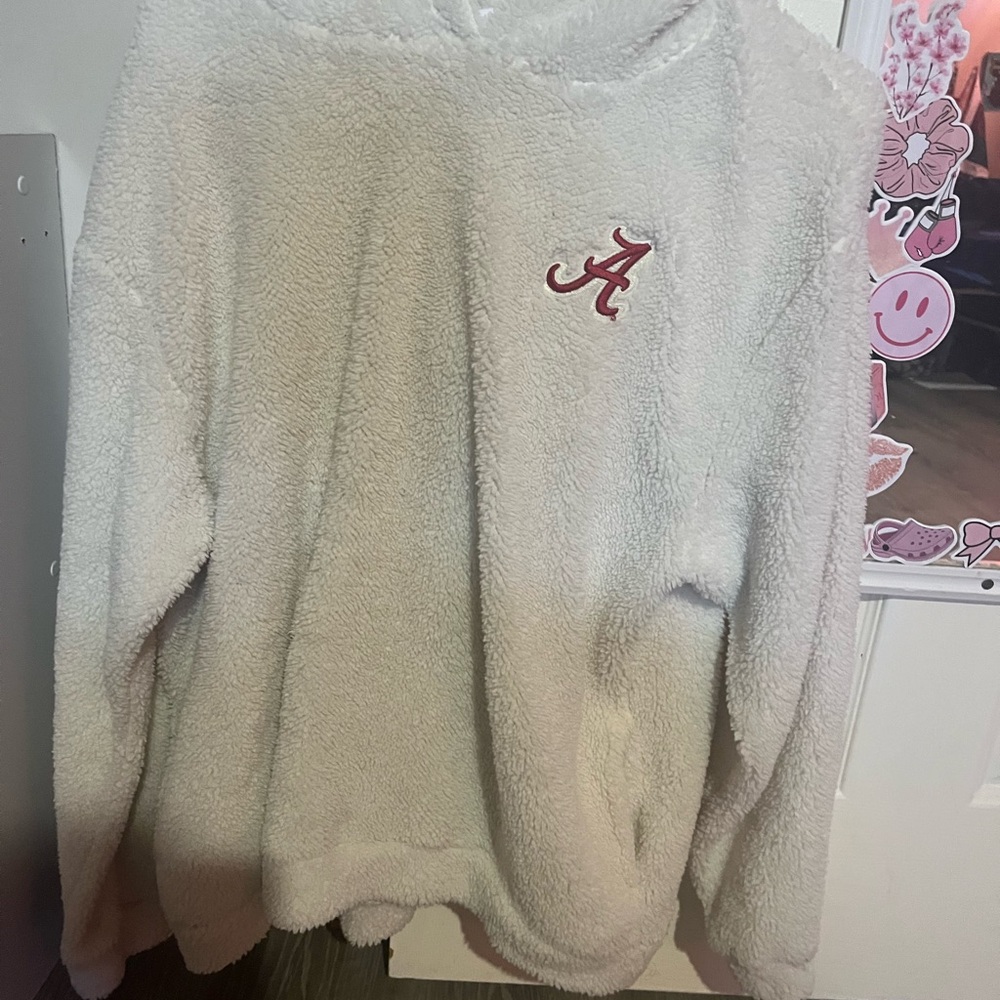 Cozy White Sherpa Hoodie with Red Logo